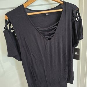 Rock & Republic Top Womens XXL 2XL Black Crisscross Stretchy Short-sleeve Shirt